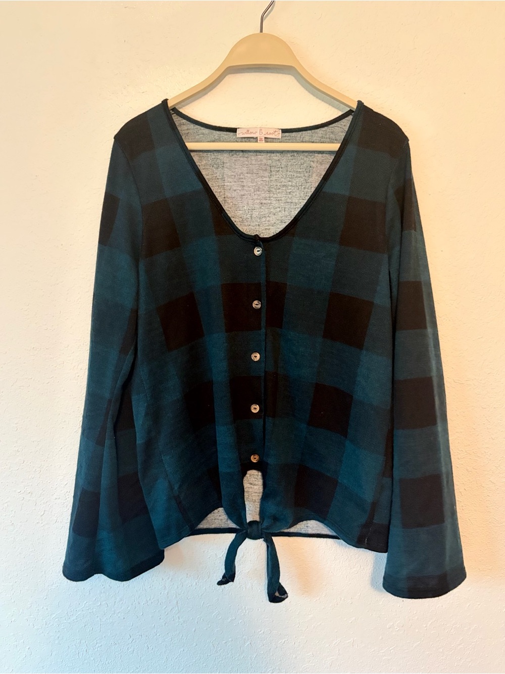 Willow Teal & Black Plaid Button-Front Tie-Hem Top